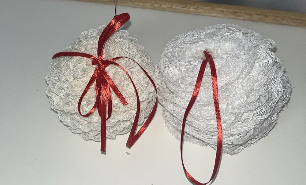 2 Handmade Lace Ball Christmas Ornaments White/ Beige holiday retro
